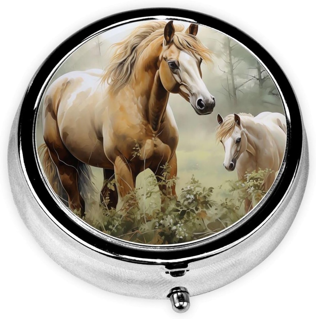 Pill Case with Mirror Retro 3 Compartment Pill Box Animales Embroides Pinturas Caballos Pequeño Pill Organizador para Purse o Pocket Decorative Metal Medicine Vitamin Organizer Regalos Únicos