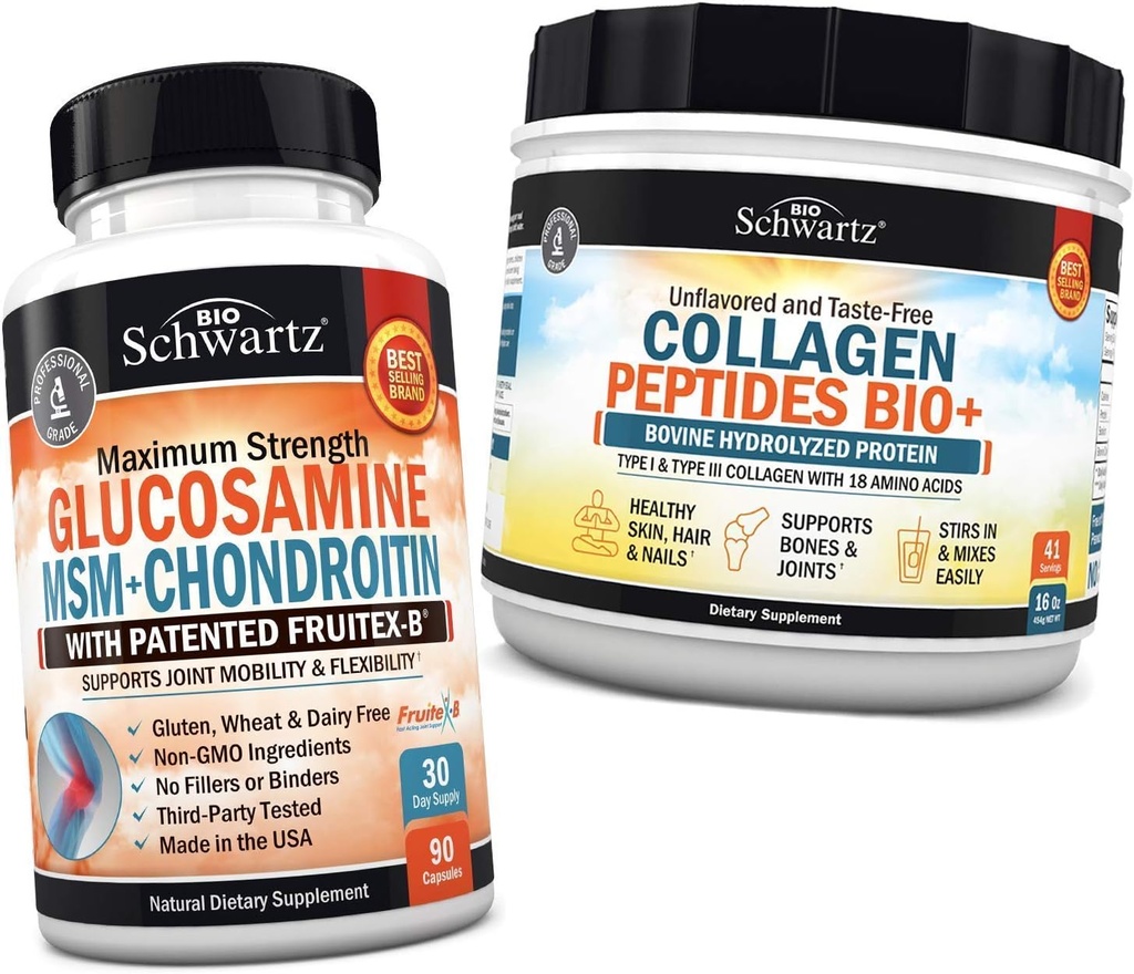 BioSchwartz Glucosamine Chondroitin MSM + Colagen Peptides Powder - Hueso sano &amp; Soporte Conjunto - Promueve flexibilidad y soportes Cartilage