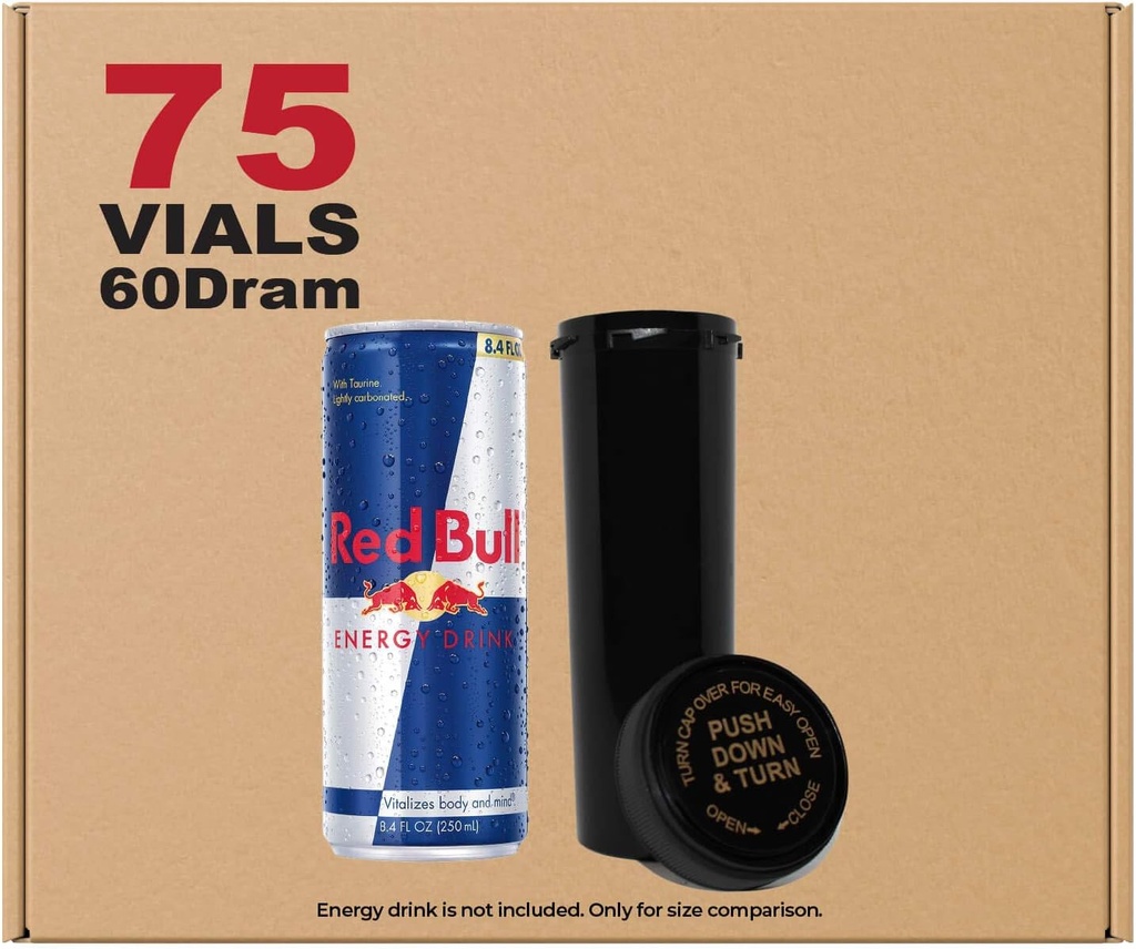 W Gallery 75 Black 60 Dram Reversible Cap - Airtight Smell Proof Vials - Plastic Medical Grade Prescription Bottles for Pills Herbs Flower Supplements, Bulk Pack, Not Glass Jars