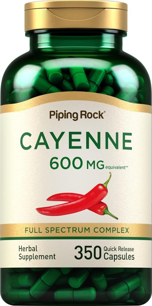 Piping Rock Cayenne Pepper Capsules TEN 600mg ANTE 350 Conde Silencio Concentrado Extracto Suplemento Silencio No Gluten Libre