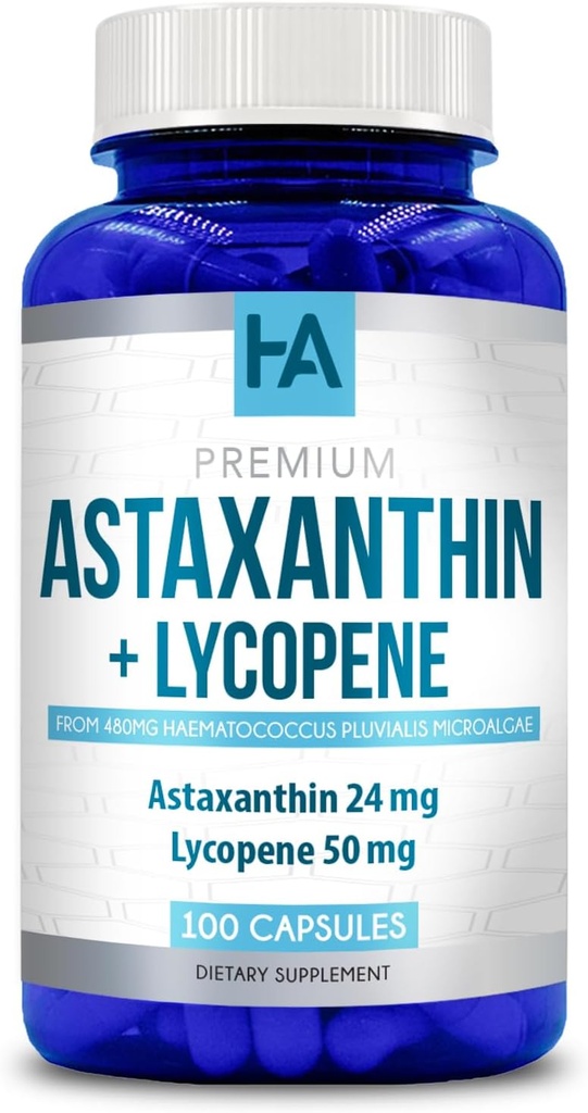 Astaxanthin and Lycopene Supplement | Lycopene 50mg Plus Astaxanthin 24mg Carotenoids Supplement for Tanning Skin Care Vision & Heart Health Support | Vegan & Non-GMO (100 Veggie Capsules)