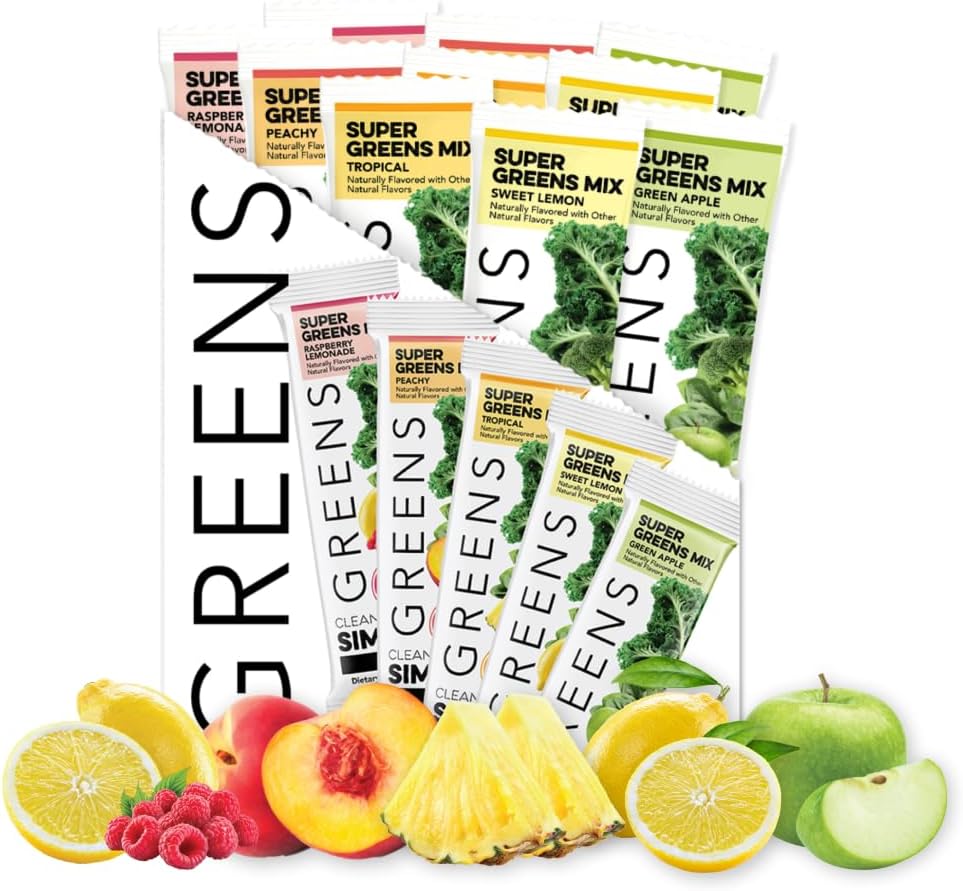 Clean Simple Eats Greens Variedad 10 Pack, Greens Powder Mix, Empaquetado con Superfoods Chlorella & Spirulina, Incluye 5 sabores deliciosos: Peachy, Green Apple, Raspberry Lemonade, Sweet Lemon &amp; Tropical