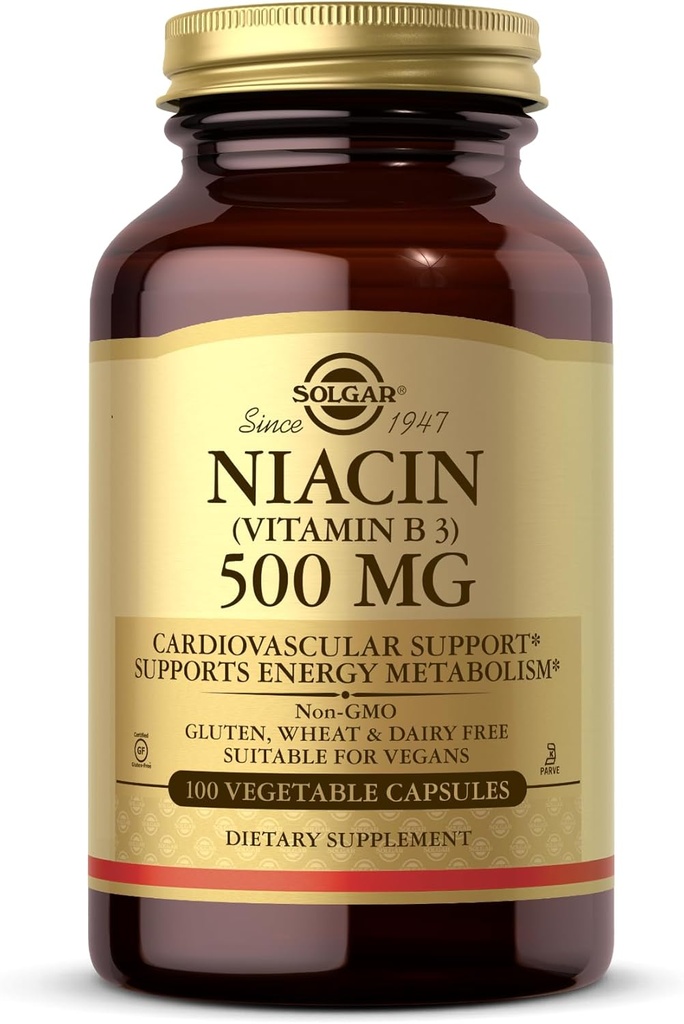 Solgar Niacin (Vitamin B3) 500 mg, 100 cápsulas vegetales - Metabolismo energético - No GMO, Vegan, Gluten Gratis, Dairy Free, Kosher - 100 piezas