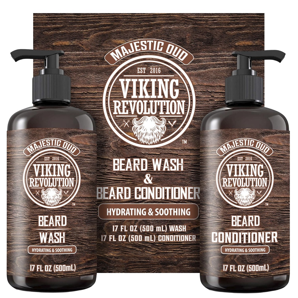 Vikingo Revolucion Beard Wash and Beard Conditioner for Hombres with Argan Oil and Jojoba Oil - Beard Softener and Strengtheninger Beard Care Beard Shampoo and Conditioner with Beard Oil (17oz, Majestic Oud)
