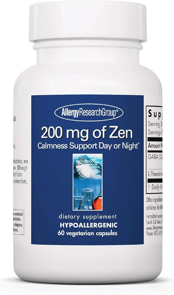 Allergy Research Group 200 mg de Zen - GABA L-Theanine Supplement, Natural Calm, Sleep & Relax Support for Women ' Men, Take Day or Night for Relaxation & Calm Energy - 60 Vegetarian Capsules
