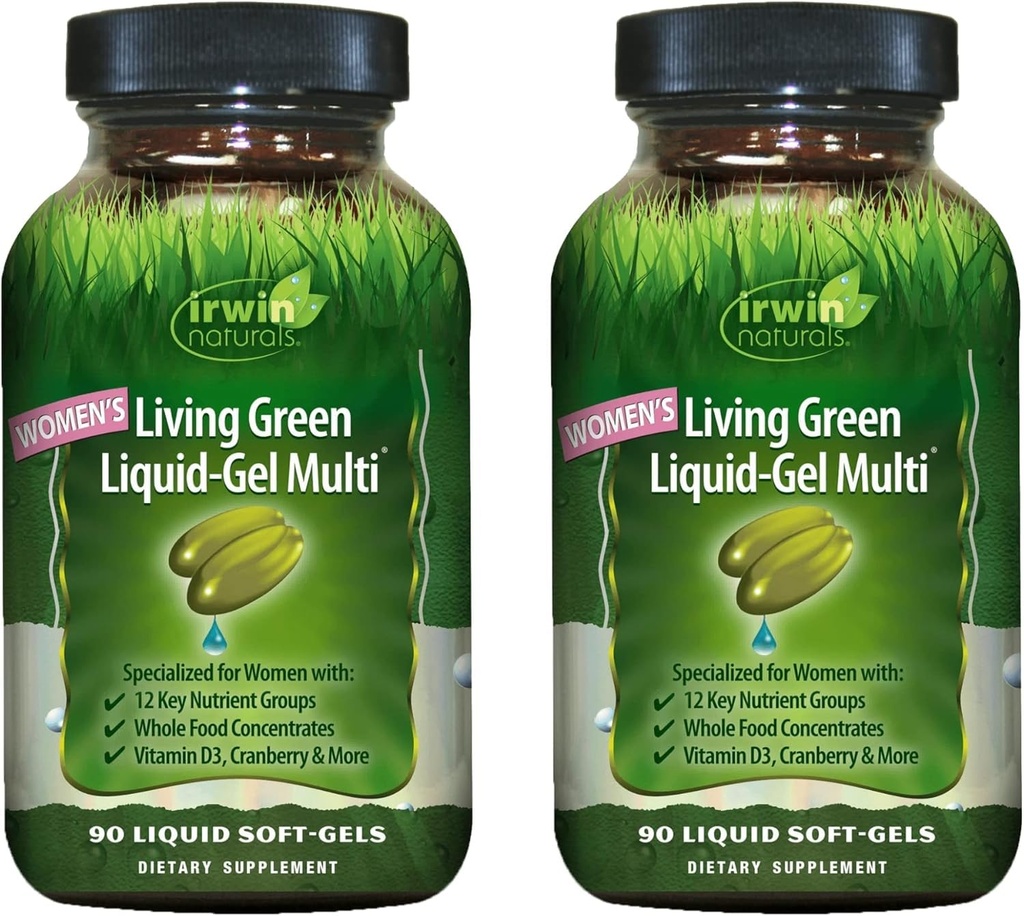 Irwin Naturals Mujeres Viviendo Verde Líquido-Gel Multi - 120 Líquido Soft-Gels, Pack de 2 - Incluye 70 Nutrientes Esenciales, Vitaminas & Minerales - 80 Servimientos Totales