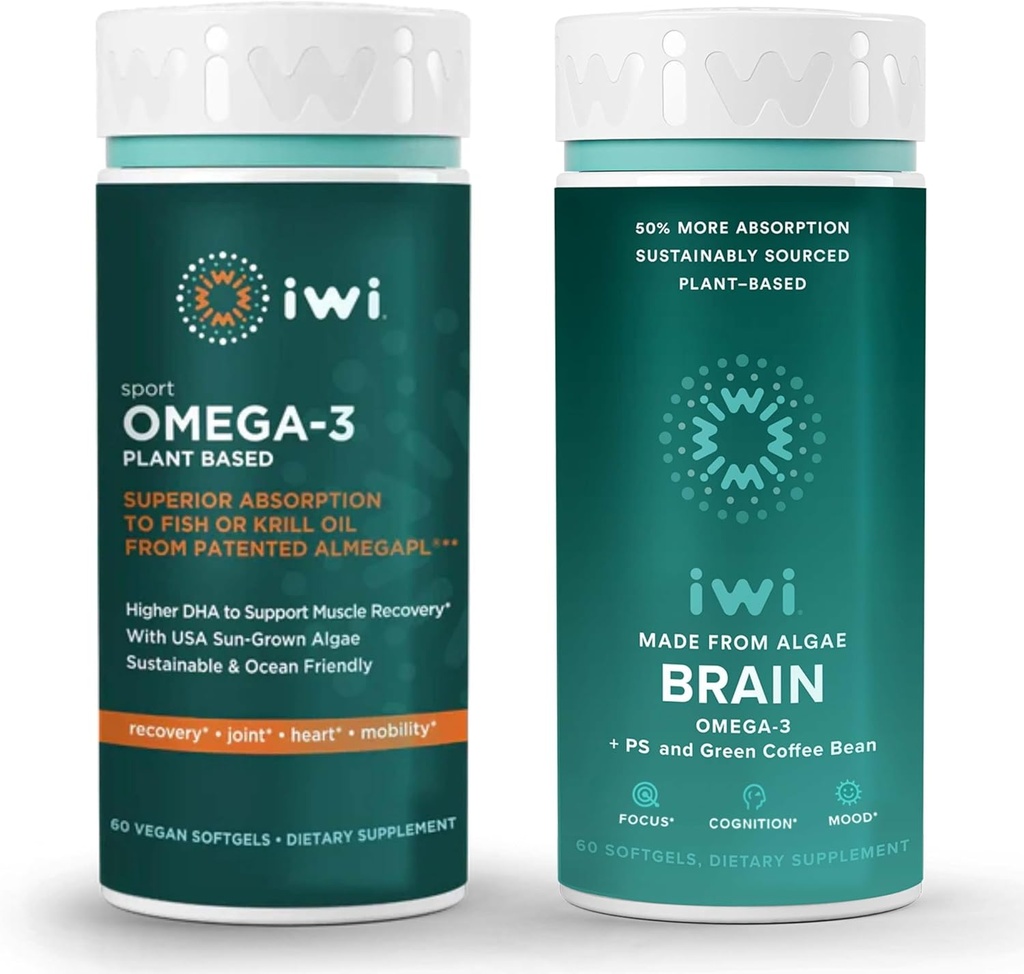 iwi Omega-3 Sport & Brain Omega-3 Bundle, 30 Servings, Vegan Plant-Based Algae Omega 3 con EPA + DHA, Krill " Fish Oil Alternative, No Fishy Aftertaste