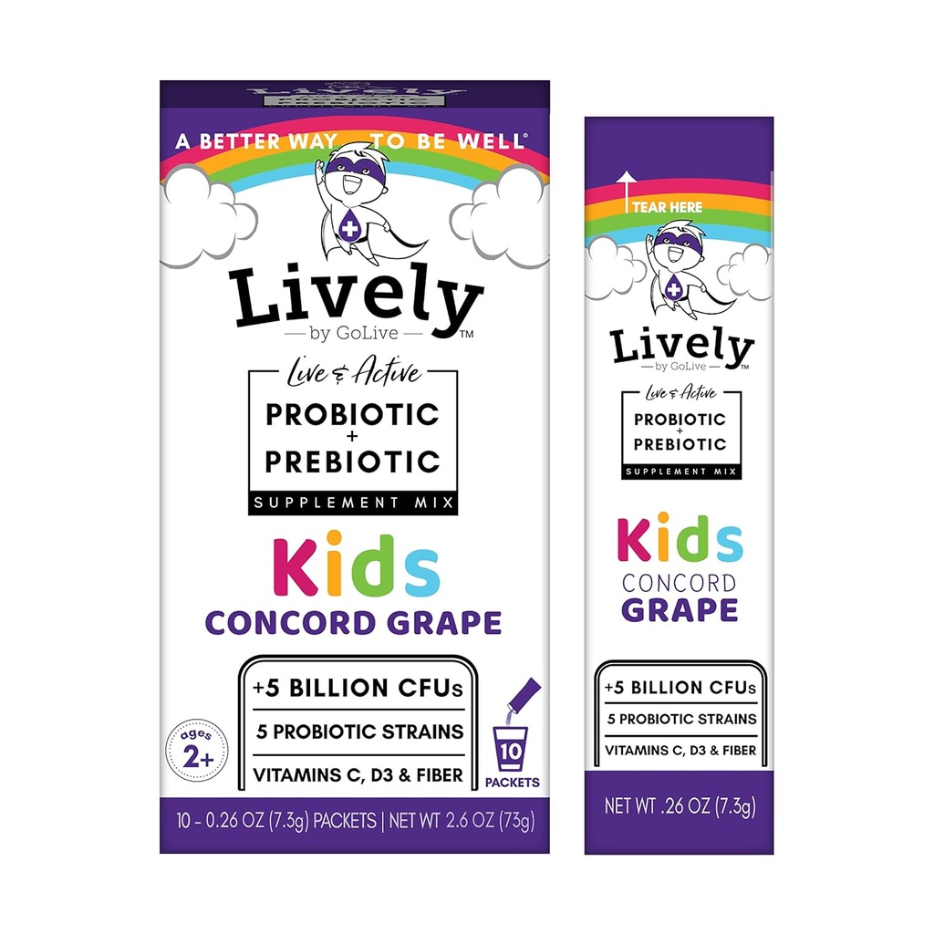 Lively (by GoLive) KIDS CONCORD GRAPE Synbiotic (Probióticos + Prebióticos); 5 Strains Clínicas; +5 Billion CFUs. Probióticos " Prebióticos KIDS para la digestión, metabolismo, inmunidad. (10 Packs)