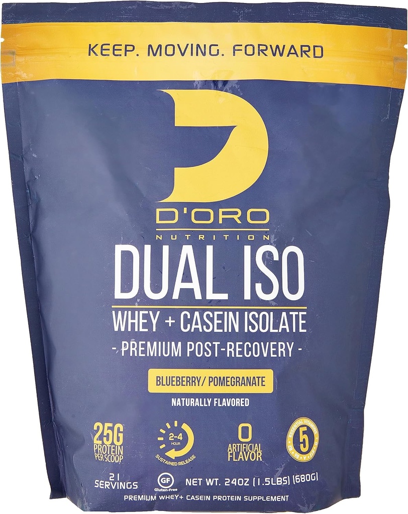 Dual ISO Whey & Casein Isolate Protein Powder - Blueberry & Pomegranate Flavor - Premium Post Recovery Protein Powder - 27G of Protein Per Scoop