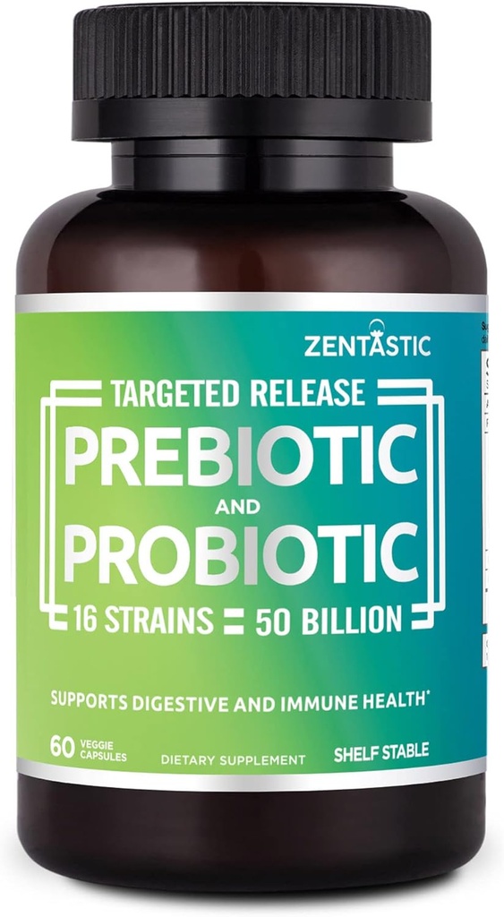 Zentastic Probiotics & Prebiotics Supplement - 50 Billion CFU - for Men &amp; Women’s Immune & Digestive Health - 16 Strains - Shelf Stable - 60 Delayed Release Veggie Capsules