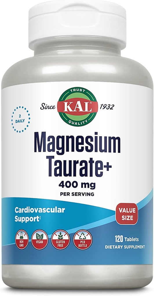KAL Magnesium Taurate 400mg Plus Vitamina B6, Suplemento de Magnesio Chelated, Complejo de Magnesio de alta absorción, Muscle y Heart Health Support, Vegan, Gluten Free, 60-Day Guarantee, 60 Serv, 120 Tabs