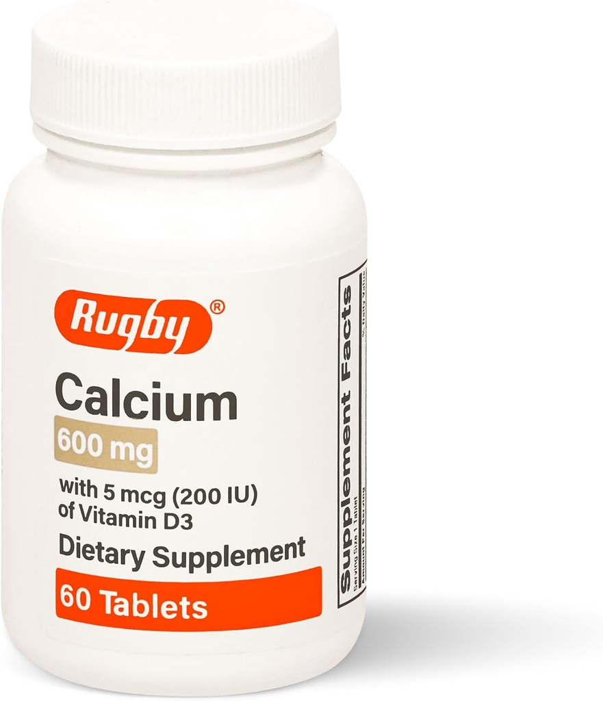 Calcio de Rugby 600 mg Tabletas con vitamina D3 200IU (5 mcg) - Suplemento dietético de vitamina D libre de gluten para la salud de los huesos y la absorción de calcio, 60 cuenta (1 paquete)