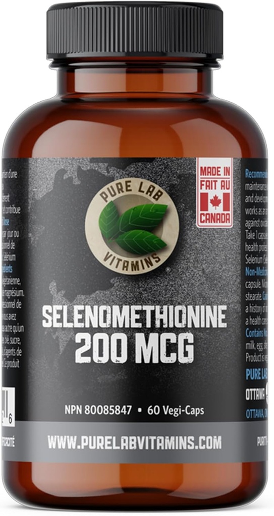 Selenium 200mcg Supplement - Selenomethionine - 60 v-caps by Pure Lab Vitamins - Gluten Free Made in Canada.