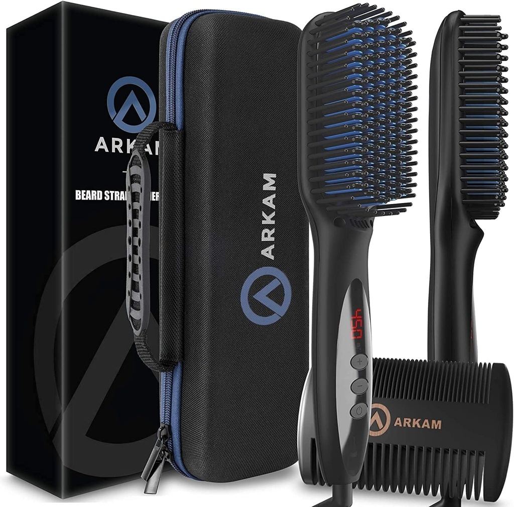Arkam Beard Straightener para Hombres -Premium Heated Beard Brush Kit w / Anti-Scald Característica, Doble Acción Peluquería y caja de viaje dura Shell para barbas medias a largas - traje y regalos para hombres