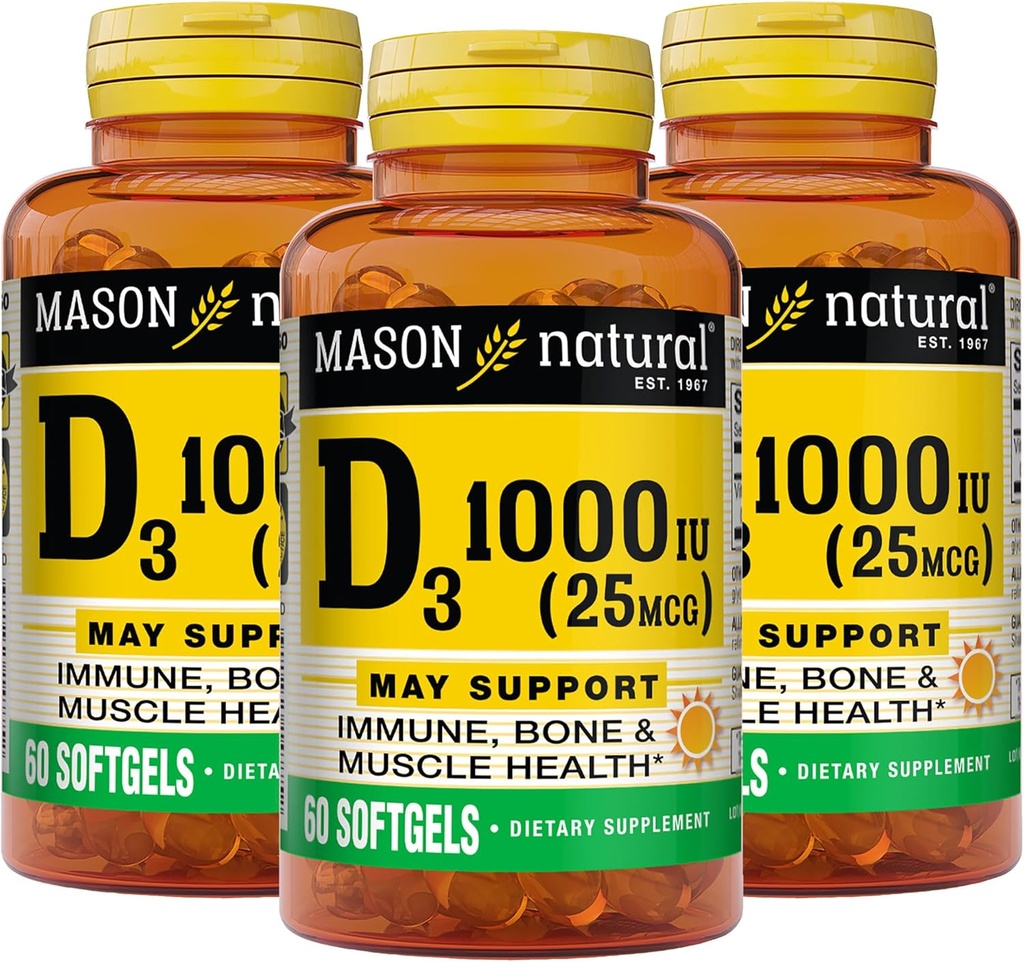 MASON NATURAL Vitamina D3 25 mcg (1000 UI), Bone &amp; Immune Support, de Fish Liver Oil, 60 Softgels (Pack of 3)