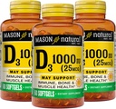 MASON NATURAL Vitamina D3 25 mcg (1000 UI), Bone &amp; Immune Support, de Fish Liver Oil, 60 Softgels (Pack of 3)