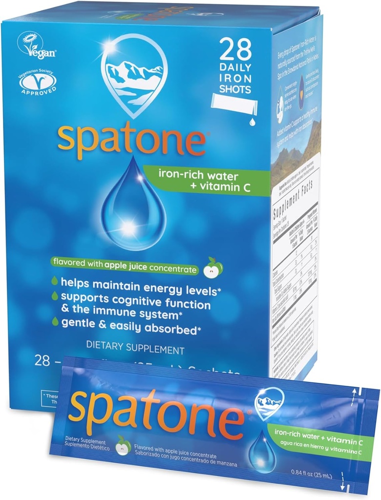 Spatone Natural Liquid Iron Supplement Plus VIT C for Women - Hombres &amp; Niños Edades 4+ - Ideal durante el embarazo - Fácilmente Absorbed & Gentle - Vegan - Apple Flavor - 28-Día - 5 mg de Iron Per 20mL Sachet