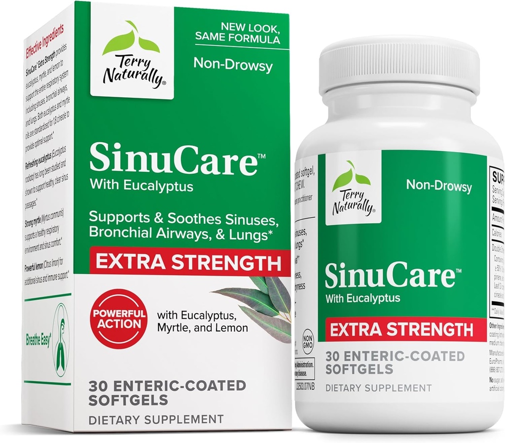 Terry Naturalmente SinuCare Extra Strength - Suplemento dietético con Eucalyptus & Myrtle - Immune &amp; Lung Health Support - Suplemento Formula to Aid Sinus Health - 30 Servimientos