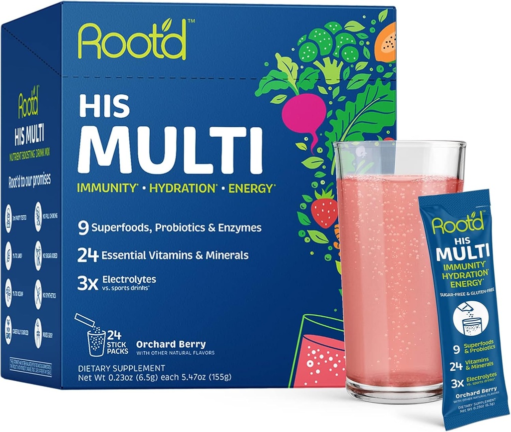 Polvo multivitamínico Root'd con electrolitos 3X para hombres - 24 vitaminas & minerales, electrolitos 3X, 9 superalimentos orgánicos, Probióticos & enzimas, hidratación multivitamínica libre de azúcar