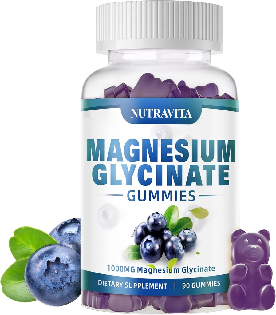 Magnesium Glycinate Gummies 1000mg con Magnesium L-Threonate, Magnesio Chelated Potassium Complex Suplemento con VitD, B6, CoQ10, Calcio,Apoyos para la memoria, calma, humedad - 90 Gummies Blueberry