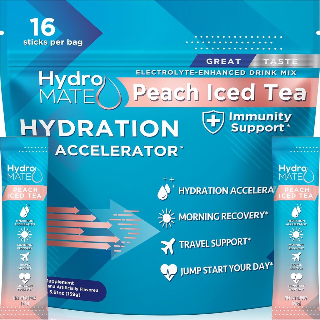 HydroMATE Electrolyte Powder Peach Tea Hydration Packets Low Sugar 16 Conteo