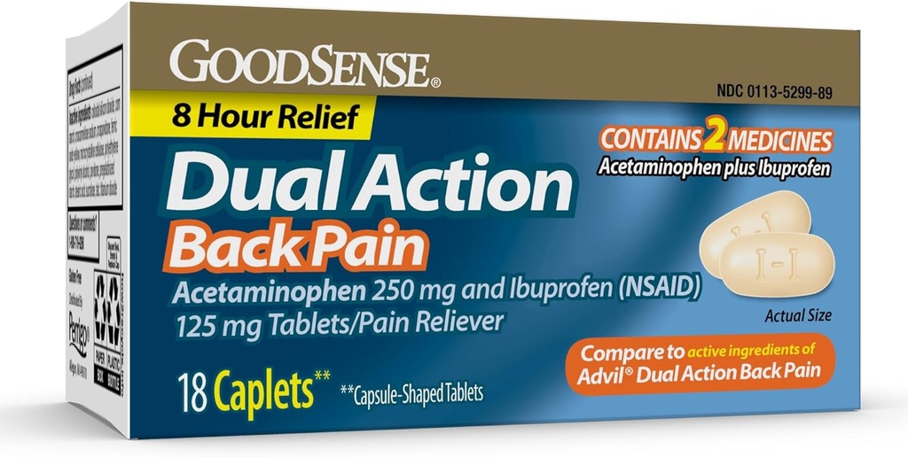 GoodSense Dual Action Acetaminophen and Ibuprofen (NSAID) Tablets, 250 mg/125 mg, Back Pain, 18 Conde