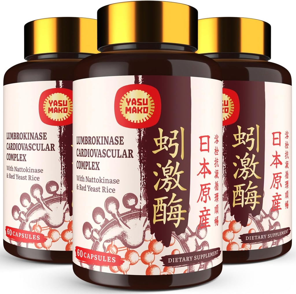 Lumbrokinase 100mg (Actividad Mágica 1,000,000 LKU),Nattokinase 100mg-2,000 FU de Actividad y Rice de Levadura Roja 300mg, Lumbrokinase Enzymes Suplemento para Circulatorio,Cognición,180 cápsulas (Pack of 3)