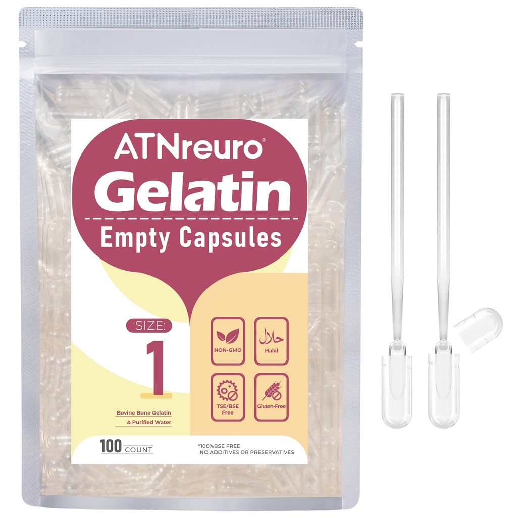 Tamaño 1 Empty Gelatin Capsules con 2 Micro Spoons - 100 Conde Empty Clear Capsule - Gel Pill Capsules para Powders Suplementos