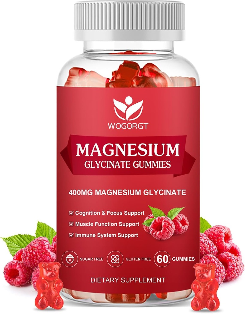400mg Magnesium Glycinate Gummies con 200mg Magnesium Malate, Vitamina D, B6, y CoQ10, Magnesium Glycinate Suplemento para la Relajación y Cognición, Sugar Gratis, Raspberry Flavor - 60 Gummies