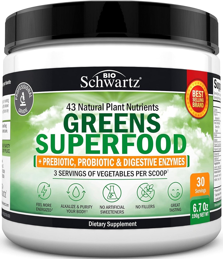Super Greens Powder Superfood - Verdes Polvo con Probióticos Prebióticos Enzymes Digestivos y 43 Superalimentos Verdes - Chlorophyll Bilberry Chlorella Spirulina Grass - Tastes Amazing - 30 Servings
