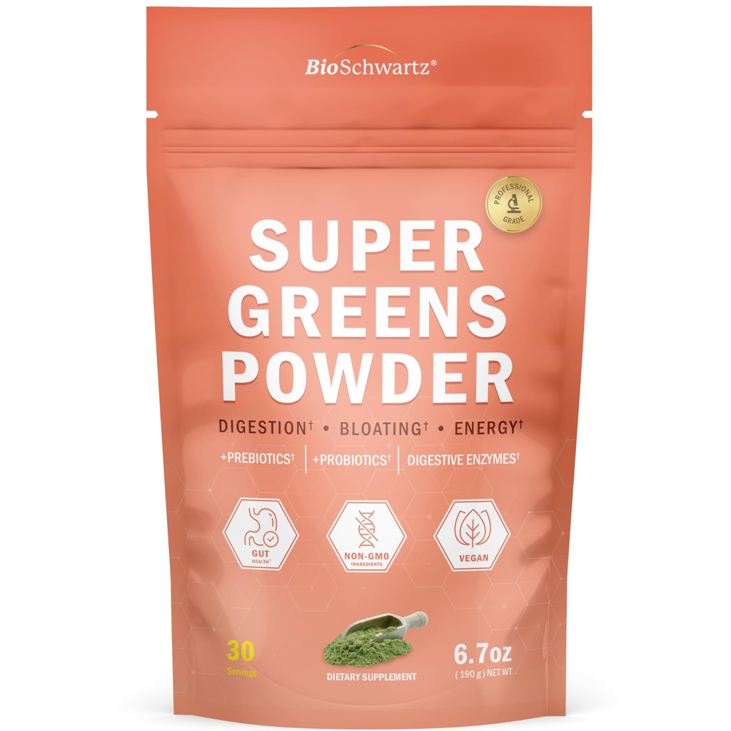 Super Greens Powder Superfood - Verdes Polvo con Probióticos Prebióticos Enzymes Digestivos y 43 Superalimentos Verdes - Chlorophyll Bilberry Chlorella Spirulina Grass - Tastes Amazing - 30 Servings