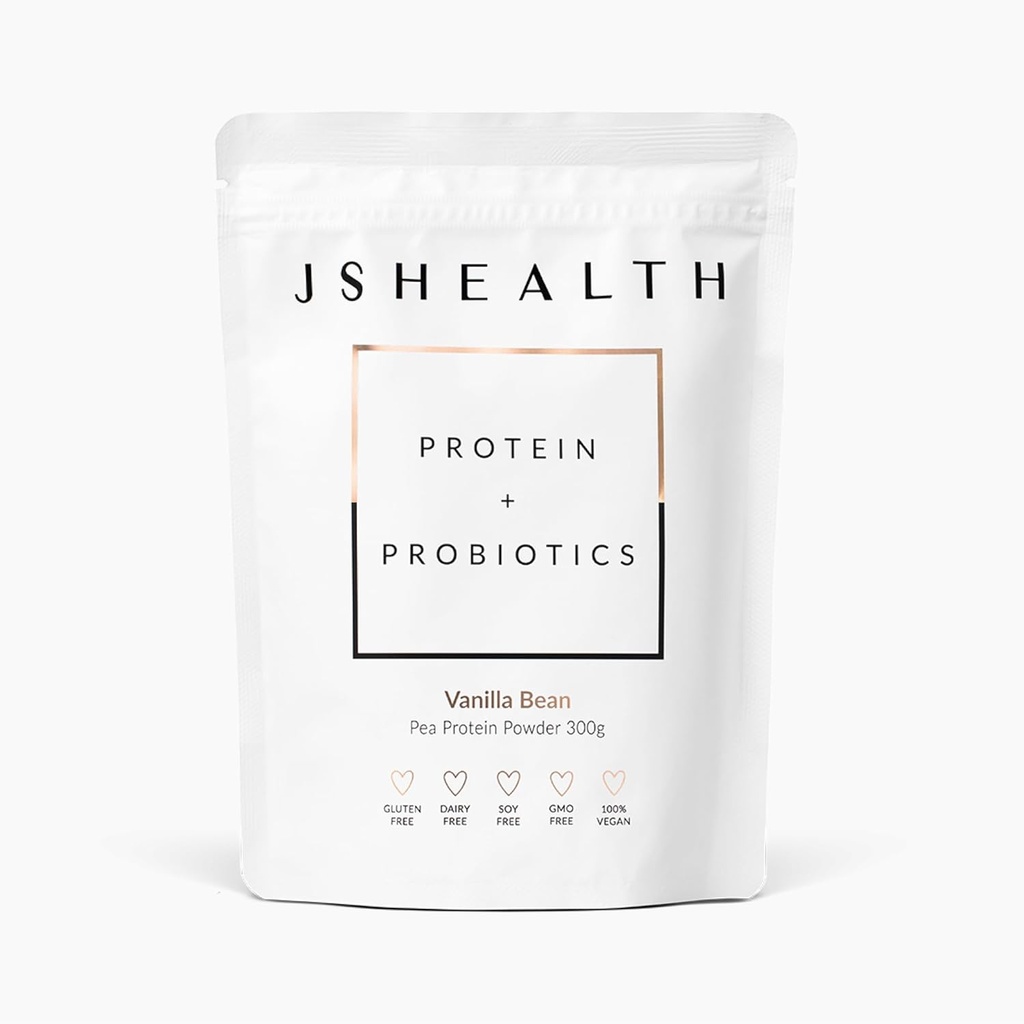 JSHealth Vegan Pea Protein Powder with Probiotics - Vanilla Bean Flavor - Gluten Free, Non GMO, Plant Based Protein Drink Mix, 300g