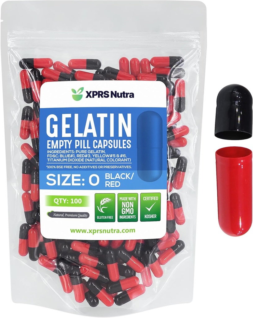 XPRS Nutra Size 0 Empty Capsules - 100 Conde Empty Gelatin Capsules - Pills DIY Capsule Filling - Pure Bovine Pill Gel Caps for Do-It-youself Supplements (Black/Red)