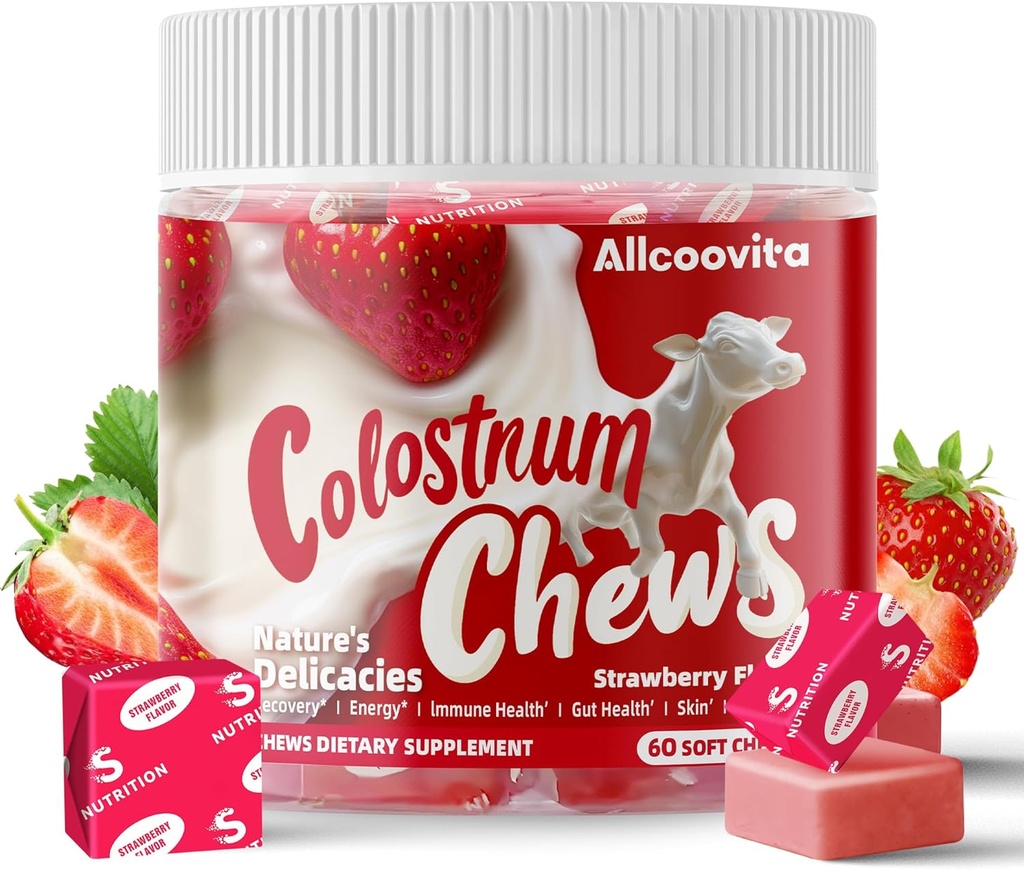 Bovine Colostrum Chews Suplemento con probióticos para Gut Health, Bloating, Immune Support, Skin, Hair Growth and Beauty - Strawberry Flavor (60 Servings)