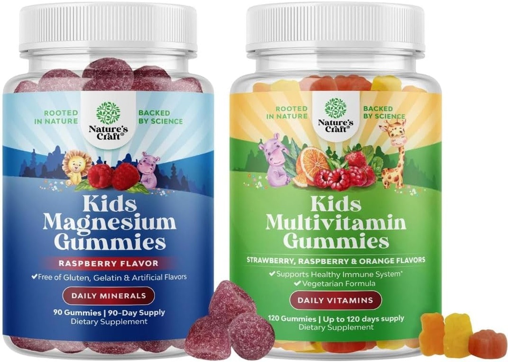 Bundle of Kids Magnesium Gummies - Supplement for Nerve Health, Muscles & Healthy Heart Support, and Plant Based Kids Multivitamin Gummies - Multivitamin for Immunity Support with Vitamins A C D3 E B
