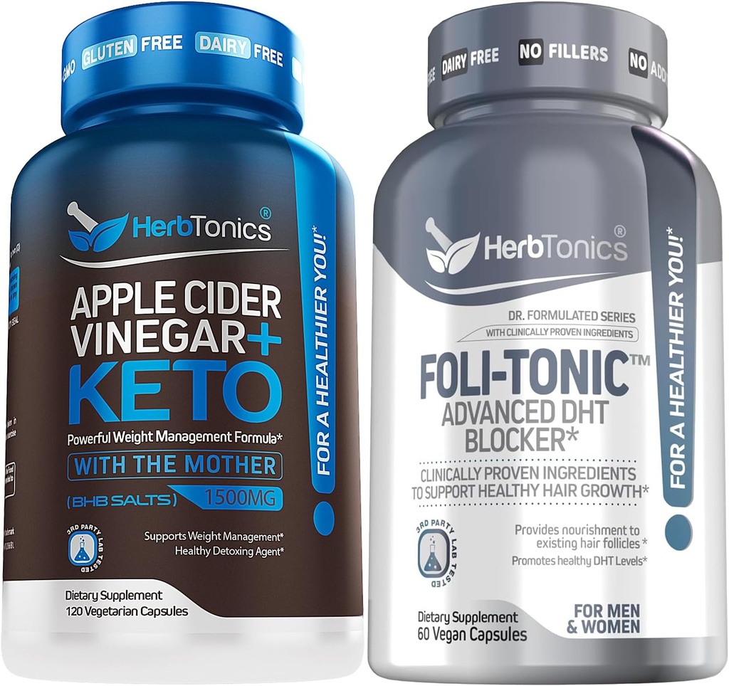 Herbtonics Apple Cider Vinegar Capsules Plus Keto BHB tóxico Fat Burner &amp; Weight Loss Suplemento para Hombres - Foli-Tonic DHT Blocker &amp; Hair Loss Suplemento