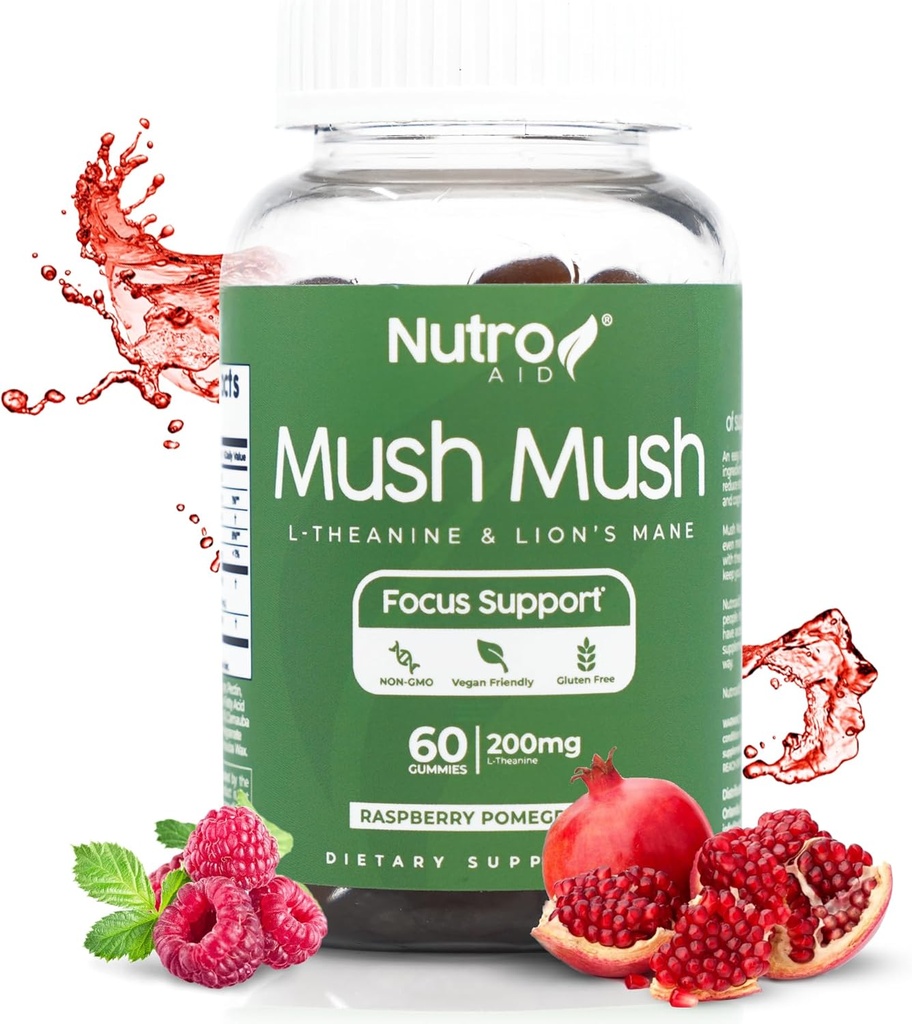 Lions Mane Suplemento - Mushroom Gummies - Mush Mush Genius Mushrooms Magic Mind - promueve Focus with L-Theanine & Lions Mane - Raspberry & Pomegranate Flavor for Perk Energy - 60 Gummies