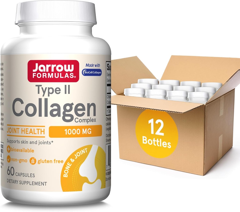 Fórmulas Jarrow Tipo II Complejo Collagen 1000 mg Suplementos, soporta la piel y la salud conjunta, 60 cápsulas, 30 días de suministro(Pack of 12)