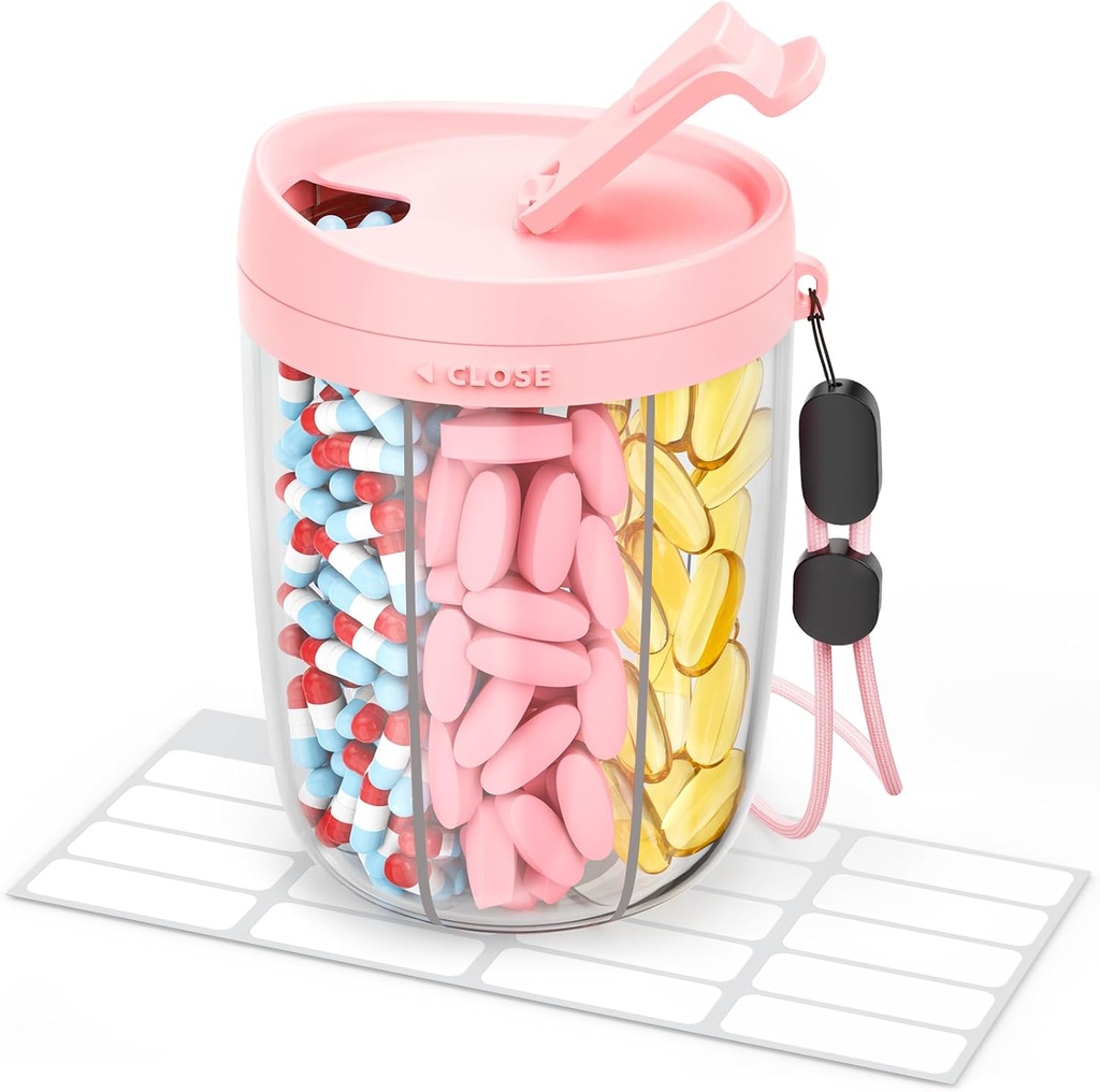 Dispensador de gran pill con 6 Compartimientos, organizador de botellas anti-mix con apertura amplia &amp; fácil recuperación, organizador de vitaminas para viajar, caja de pill sin BPA con un escote, rosa