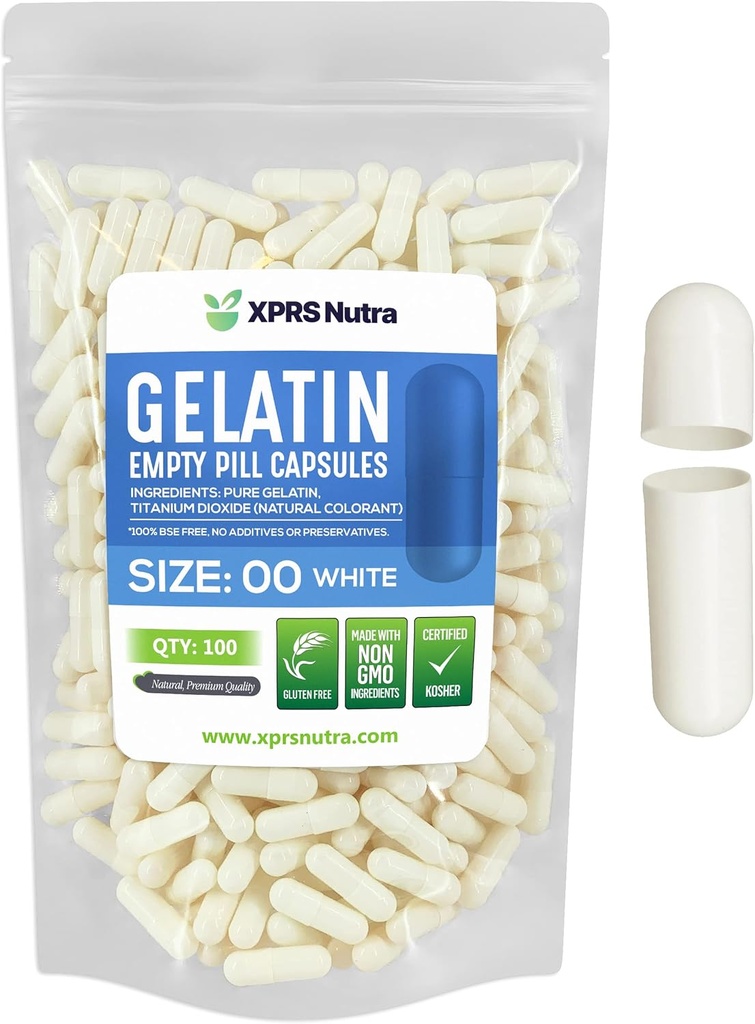 XPRS Nutra Size 00 Empty Capsules - 100 Conde Empty Gelatin Capsules - DIY Capsule Filling - Fillable Pill Gel Caps for Do-It-youself Supplements (White)