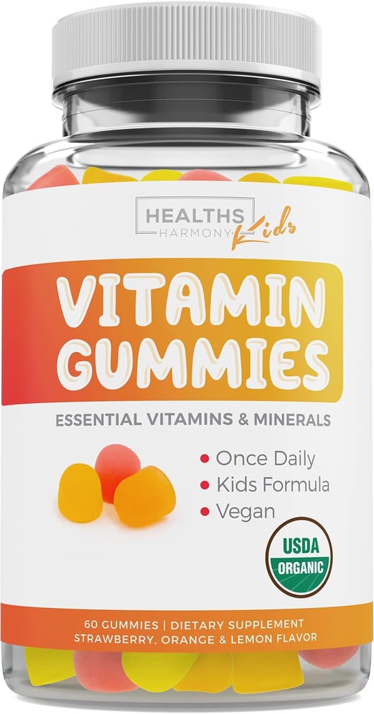 USDA Organic Kids Vitamin Gummies (No-GMO) Yummy Natural Fruit Flavors - Complete Kids Multivitamin Gummies: Vitamina C, D, B, A, Zinc - Suplemento para Energía, Mood, Immune Support - 60 Gummy Vitaminas