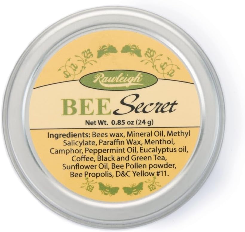 Rawleigh Bee Secret Soothing Balm: 0.85 oz, Balm All-Natural para los músculos de las plantas, dolores, picaduras, llagas frías, dolores de cabeza con cera de abeja, Pollen &amp; Propolis + Peppermint &amp; Eucalyptus Oils, Pack of 1