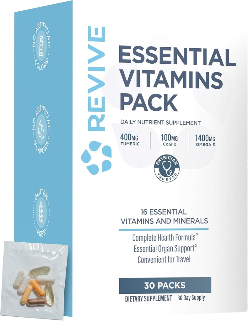 Revive MD Paquetes de vitaminas esenciales para hombres de mujeres, vitaminas Pack Suplemento diario de nutrientes - Paquetes multivitamínicos de viaje amigable con Arjuna " Extracto de turmérico de apoyo Corazón, Conjunto, " Salud orgánica