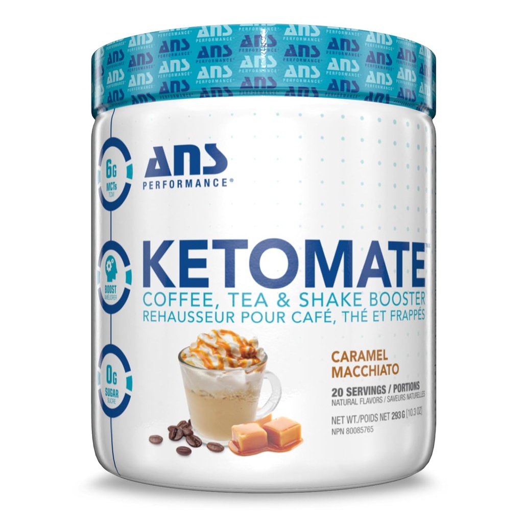 ANS Performance Ketomate Coffee Creamer Con MCT Oil Powder, Delicious, Sugar Free Creamer Para Café, Té & Shakes, Perfect Keto Energy Powder, 20 Servings, 15oz, Caramel Macchiato