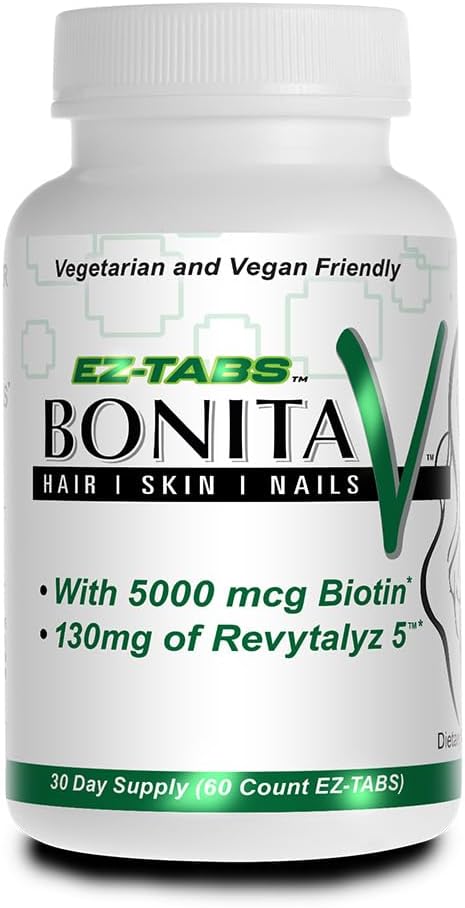 Fuente esencial Bonita V Pelo vegano uñas y vitaminas de la piel para mujeres - 20 ingredientes activos que incluyen biotina - uñas más fuertes, piel sana, crecimiento del cabello - 60 tabletas de verduras EZ-TAB