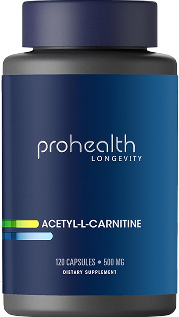 ProHealth Longevity Acetylcarnitine Brain & Heart Health Booster. Antioxidante Potente para Protección Cognitiva y Mantenimiento Musculo. Apoya la energía celular juvenil. 500 mg por servicio, 120 prestaciones