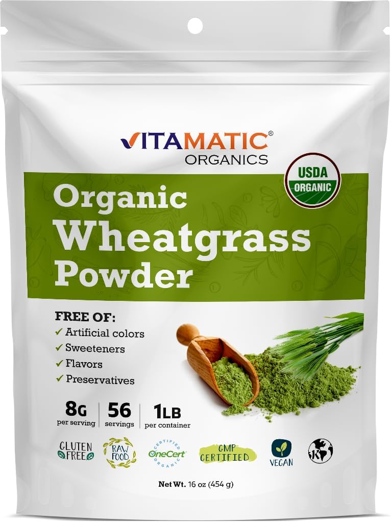 Vitamatic Certified USDA Organic Wheatgrass Powder – 1 libra (16 onzas) – Pura, no GMO, Superalimentos sin gluten