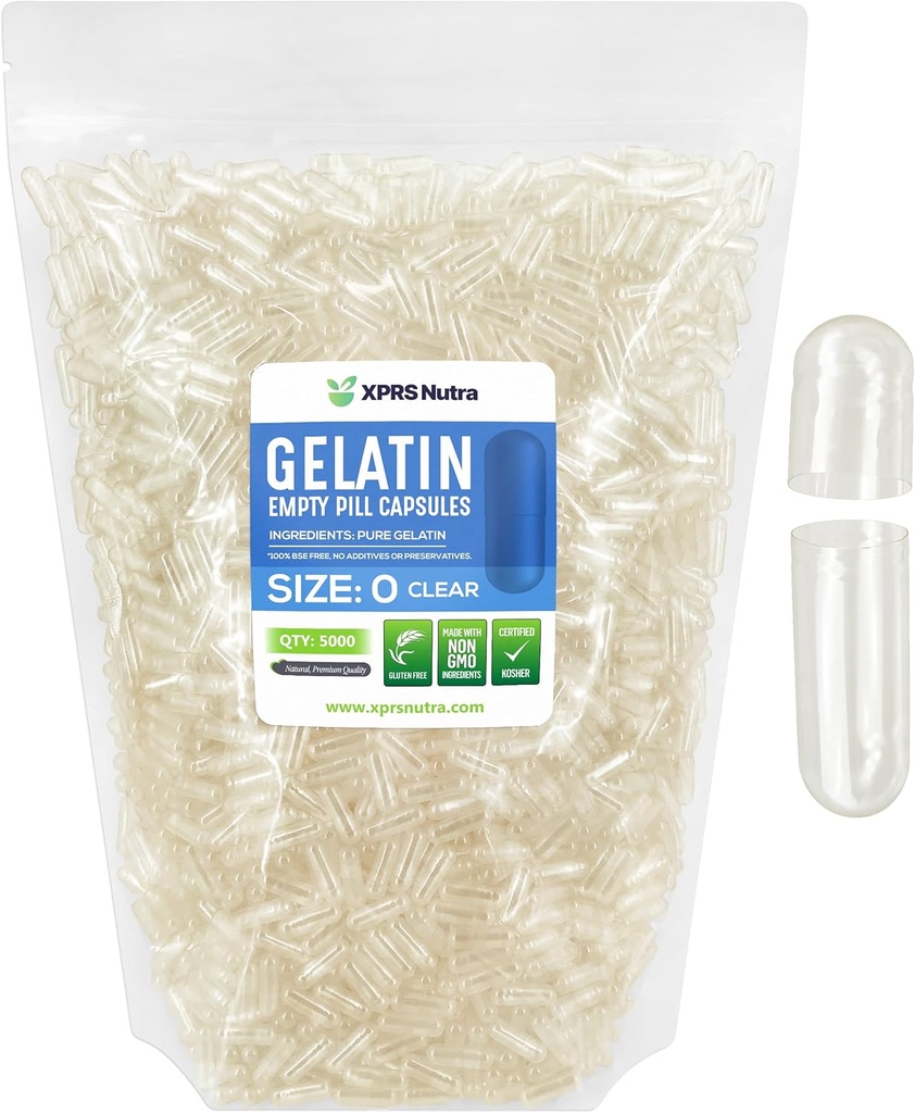 XPRS Nutra Size 0 Empty Capsules - 5000 Count Clear Empty Gelatin Capsules - Pills DIY Capsule Filling - Pure Bovine Pill Gel Caps for Do-It-Yourself Supplements