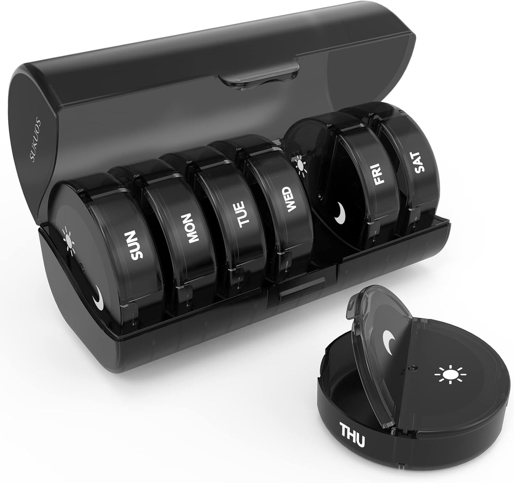 Organizador semanal de píldoras 7 días 2 veces al día, Sukuos gran caja de carga de viaje para píldoras/Vitamin/Fish Oil/Supplements, Daily Medicine Organizer Box, BPA Free Pill Case, Easy to Clean