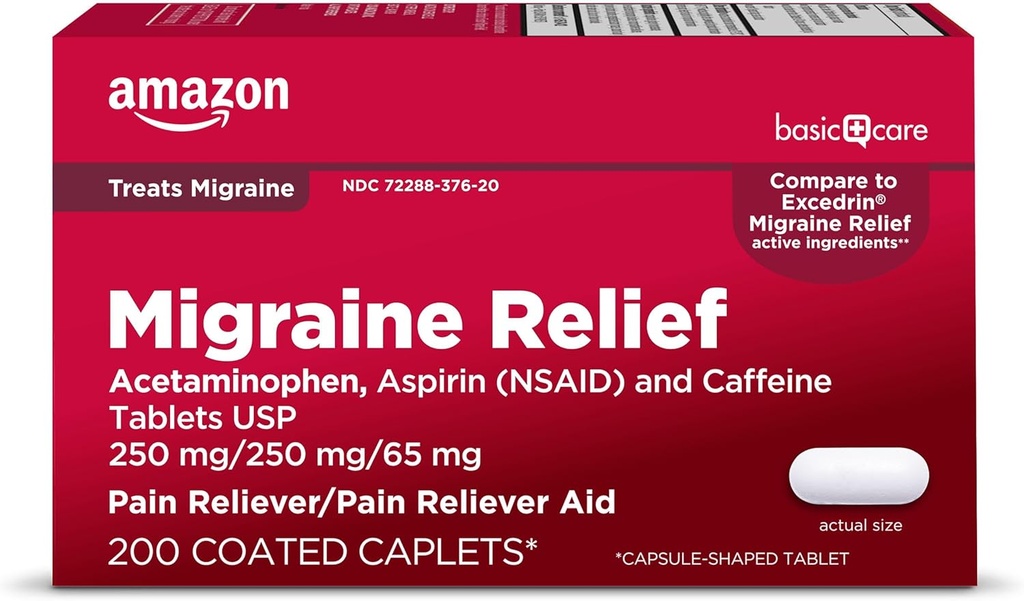 Cuidado básico Migraine Relief, Acetaminophen, Aspirin (NSAID) y Caffeine Tablets, Headache Pain Reliever/Pain Reliever Aid, 200 Count